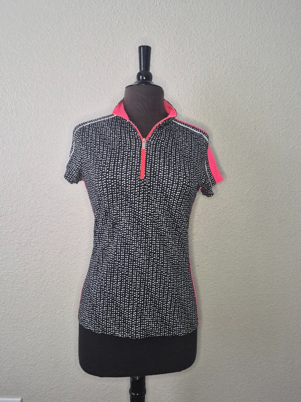 Tail Golf Polo Shirt Womens Small Black White Polka Dot Kayla Zip Mock Neck EUC
